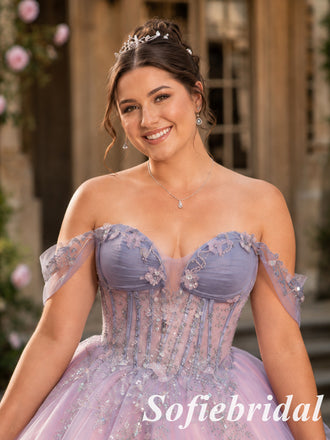Romantic Pink Lavender Off Shoulder Floral Tulle Ball Gown, PD1323