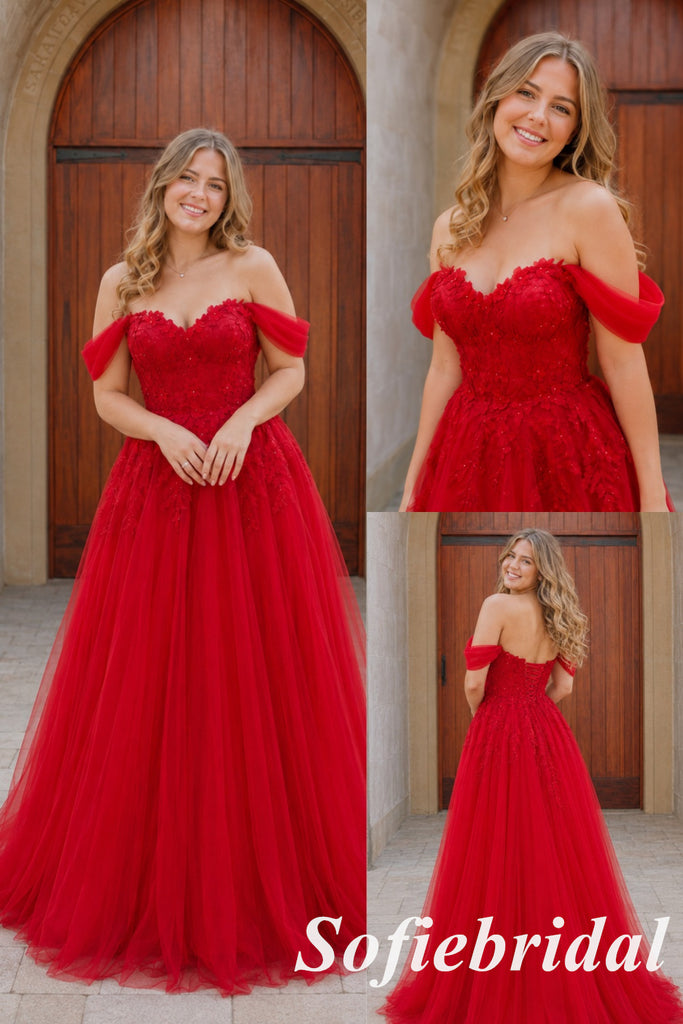 Glamorous Red Off Shoulder Sweetheart Lace Tulle A Line Prom Gown, PD1324