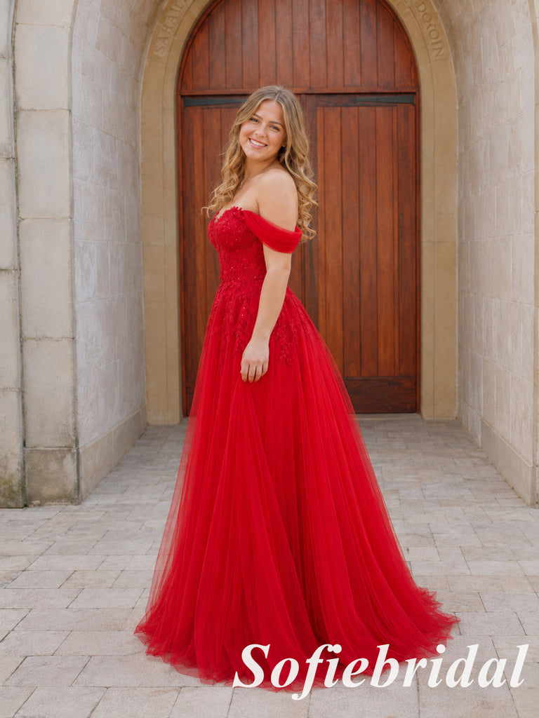 Glamorous Red Off Shoulder Sweetheart Lace Tulle A Line Prom Gown, PD1324