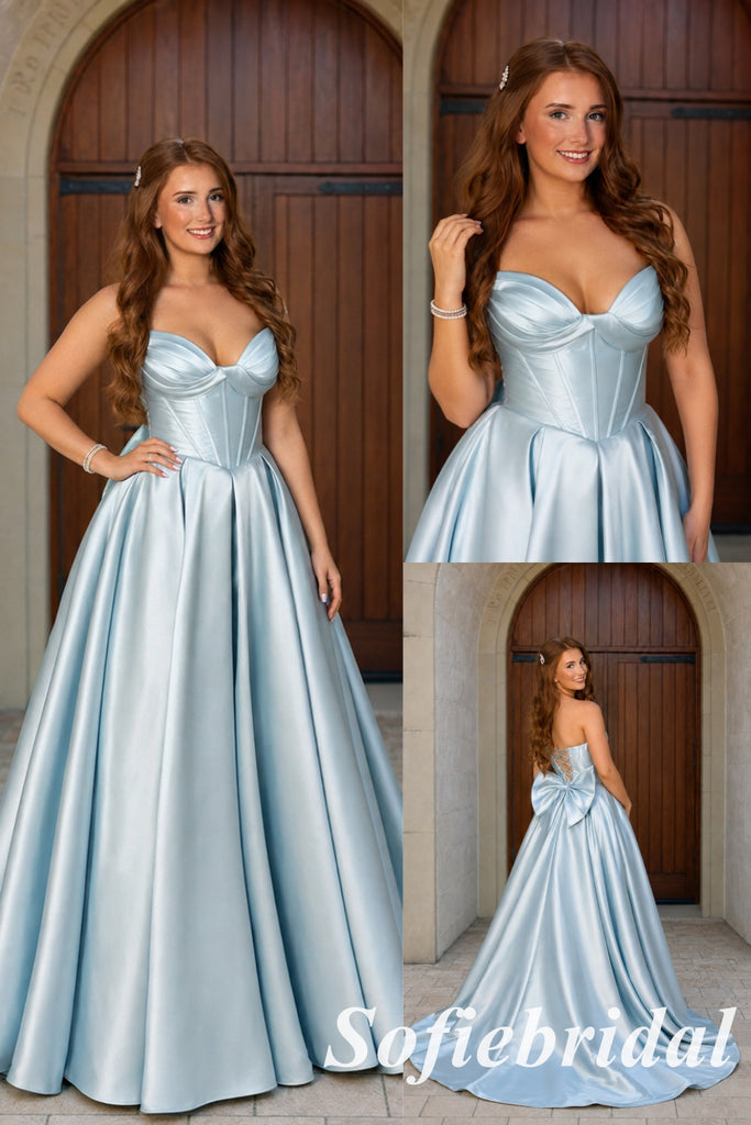 Princess Ice Blue Satin Sweetheart Corset Lace Up Back Ball Gown, PD1325