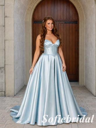 Princess Ice Blue Satin Sweetheart Corset Lace Up Back Ball Gown, PD1325