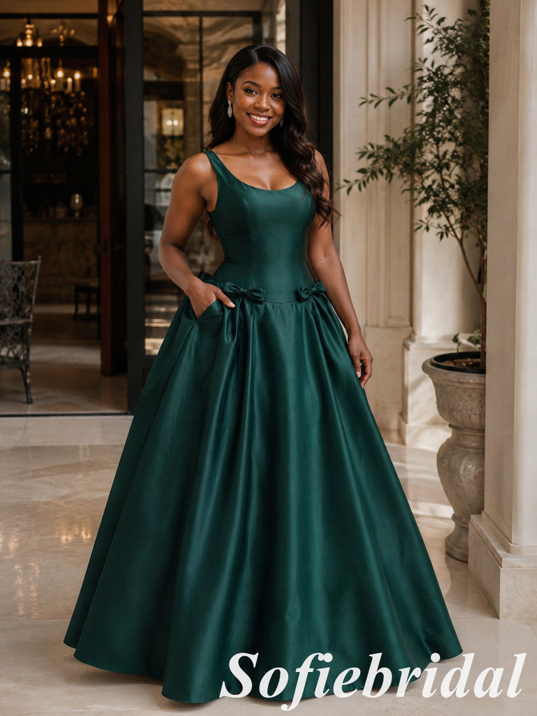 Elegant Dark Green Satin Scoop Neck Ball Gown With Bows And Pockets, PD1328