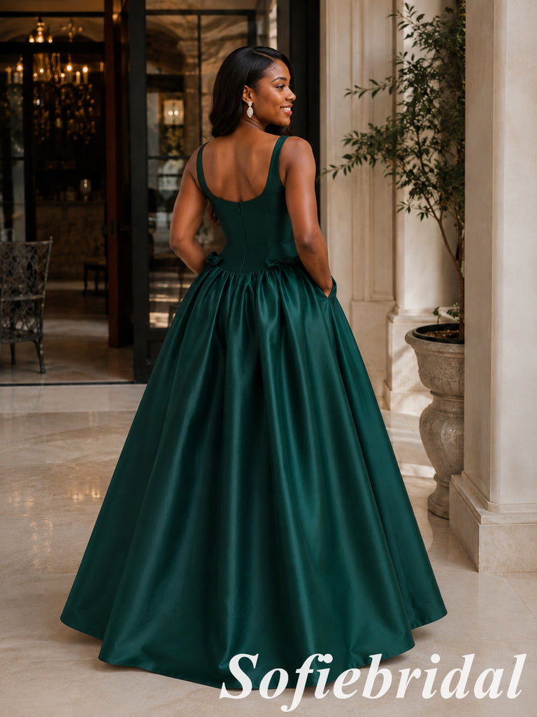 Elegant Dark Green Satin Scoop Neck Ball Gown With Bows And Pockets, PD1328