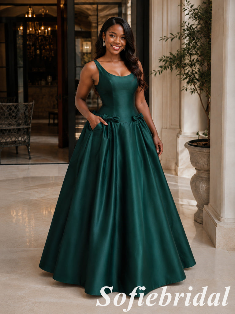 Elegant Dark Green Satin Scoop Neck Ball Gown With Bows And Pockets, PD1328