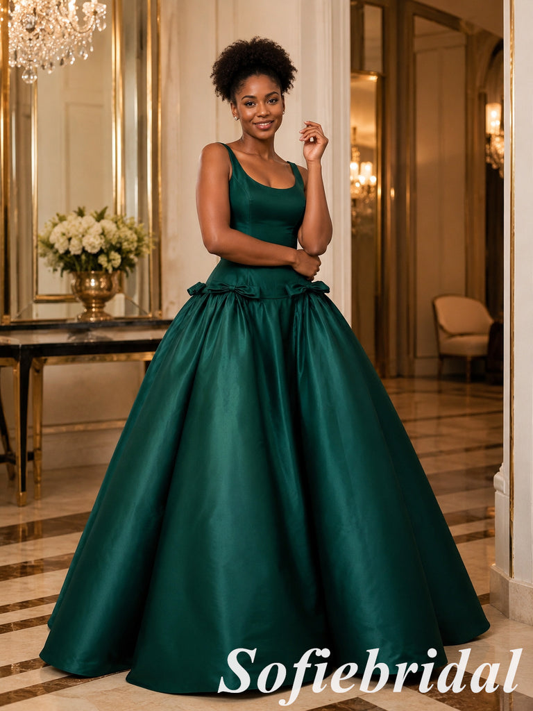 Elegant Dark Green Satin Scoop Neck Ball Gown With Bows And Pockets, PD1328