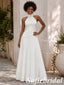 Chic White Halter Pleated Long Formal Evening Dress, PD1331