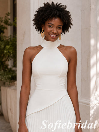 Chic White Halter Pleated Long Formal Evening Dress, PD1331
