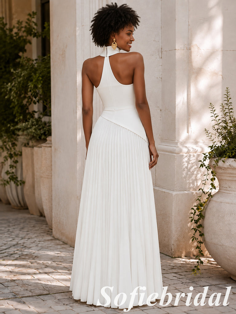 Chic White Halter Pleated Long Formal Evening Dress, PD1331