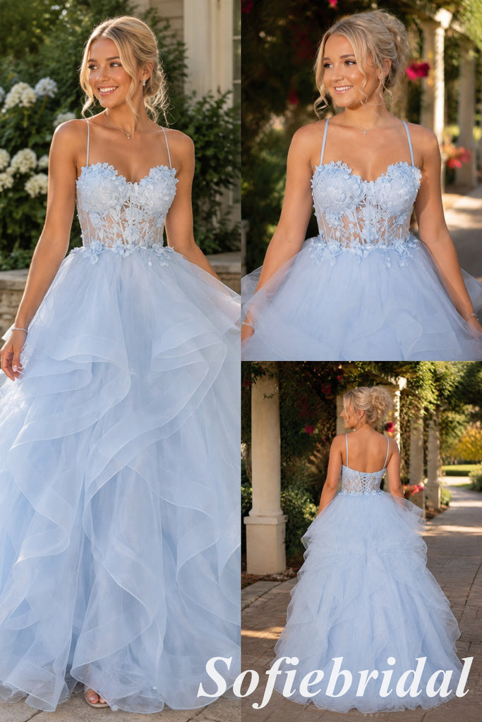 Dreamy Light Blue Tulle 3D Floral Spaghetti Strap Prom Dress, PD1330