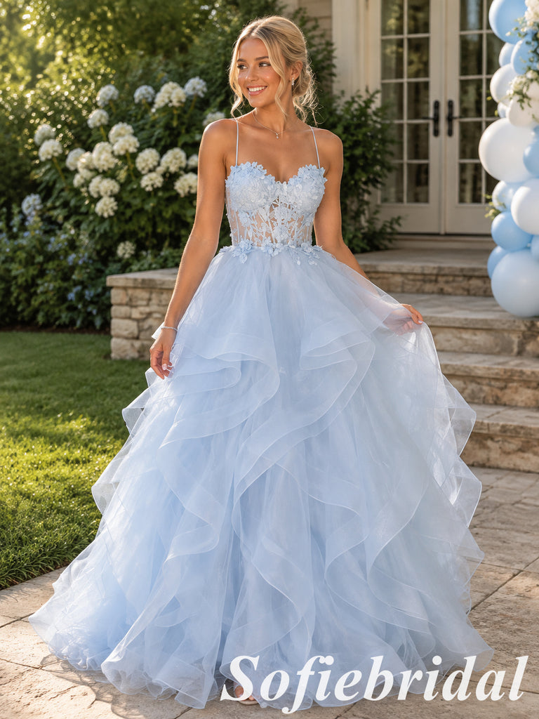 Dreamy Light Blue Tulle 3D Floral Spaghetti Strap Prom Dress, PD1330