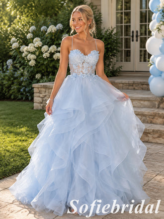 Dreamy Light Blue Tulle 3D Floral Spaghetti Strap Prom Dress, PD1330
