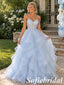 Dreamy Light Blue Tulle 3D Floral Spaghetti Strap Prom Dress, PD1330