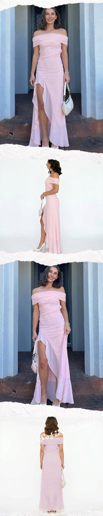 Sexy Chiffon Off Shoulder Sleeveless Ruffled Split A-Line Maxi Prom Dress/Graduation Dresses, PD01177