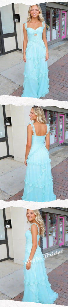 Sexy Chiffon Spaghetti Straps Sleeveless Ruffled A-Line Maxi Prom Dress/Graduation Dresses, PD01178