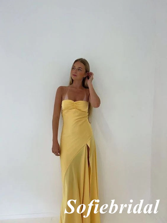 Sexy Soft Satin Spaghetti Straps Sleeveless Side Slit Mermaid Floor Length Prom Dress, PD01063