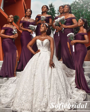 Sexy Orchid Soft Satin Off Shoulder V-Neck Sleeveless Side Slit Mermaid Floor Length Bridesmaid Dresses, SFWG00548