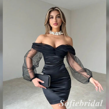 Sexy Tulle And Satin Off Shoulder V-Neck Long Sleeves Sheath Homecoming Dress,HD0220