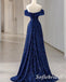 Elegant Sequin Off Shoulder V-Neck Sleeveless A-Line Long Prom Dresses, PD0907