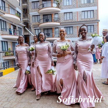 Sexy Pink Lace And Soft Satin Long Sleeves Side Slit Mermaid Floor Length Bridesmaid Dresses, SFWG00524