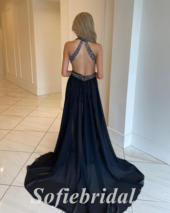 Sexy Chiffon Halter V-Neck Open Back Side Slit A-Line Long Prom Dresses, PD0880
