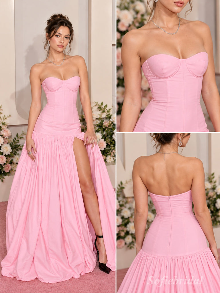 Pink Stretch Crepe Strapless Sweetheart Corset High Slit Pleated Floor Length Evening Dress,PD13850