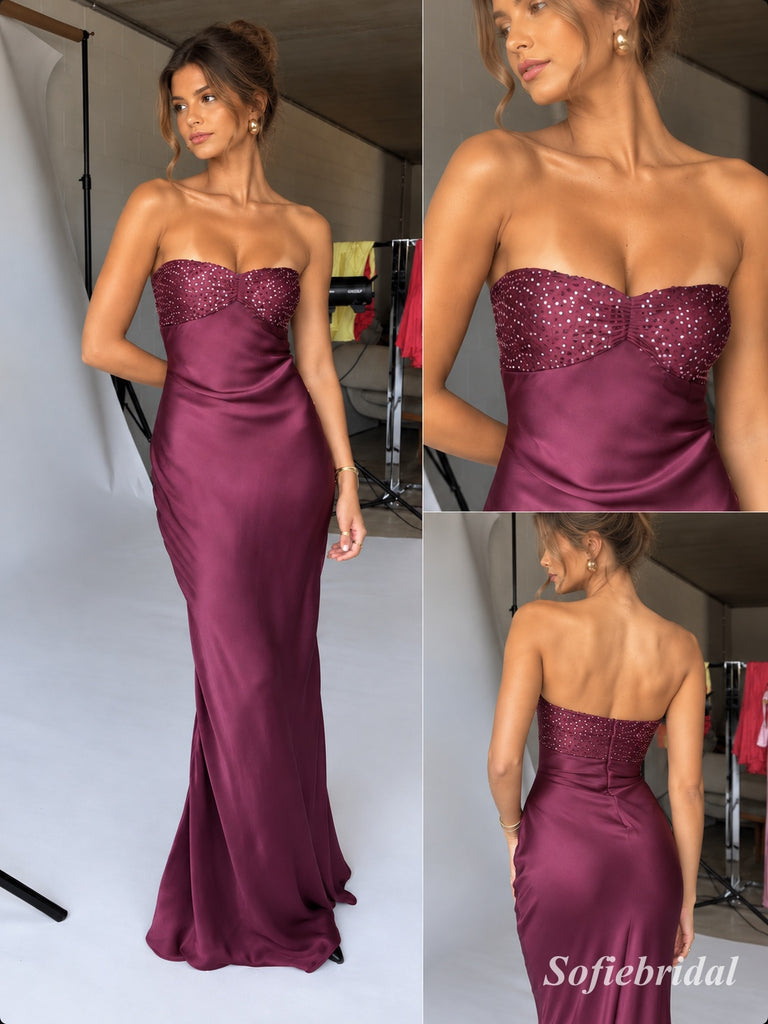 Deep Purple Strapless Beaded Satin Mermaid Dress, Sweetheart Floor Length Formal Gown,PD13900