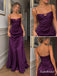 Purple Satin Spaghetti Strap Mermaid Gown With Cutout Ruched Bodice & Draped Flowing Skirt, PD13886