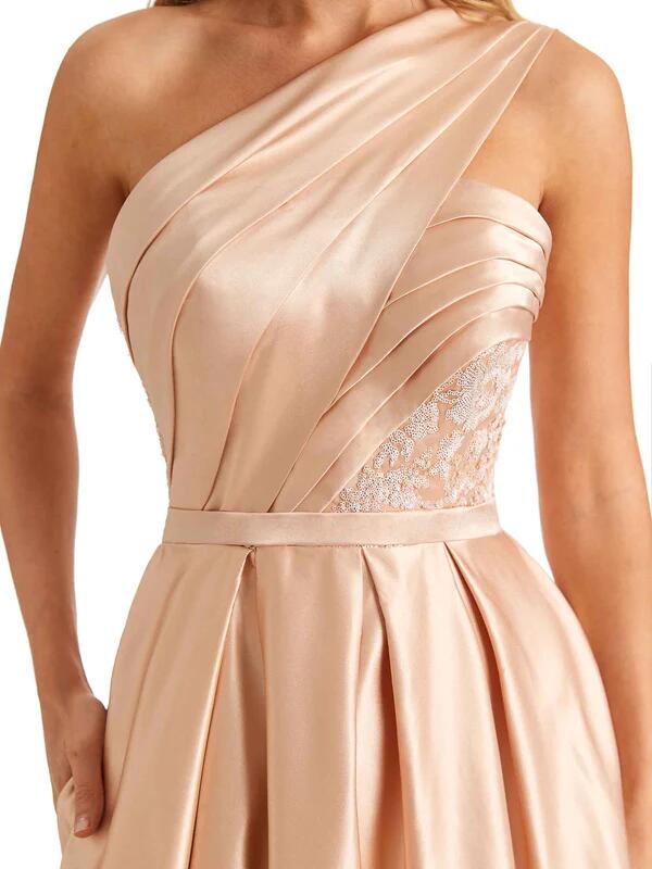 One Shoulder A Line Satin Slit Prom Dress with Pockets,SFPD0184