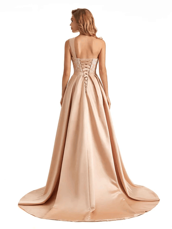 One Shoulder A Line Satin Slit Prom Dress with Pockets,SFPD0184