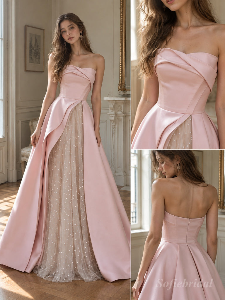 Blush Pink Satin Strapless Wrap Bodice A-Line Gown With Tulle Polka Dot Underlayer, PD13867