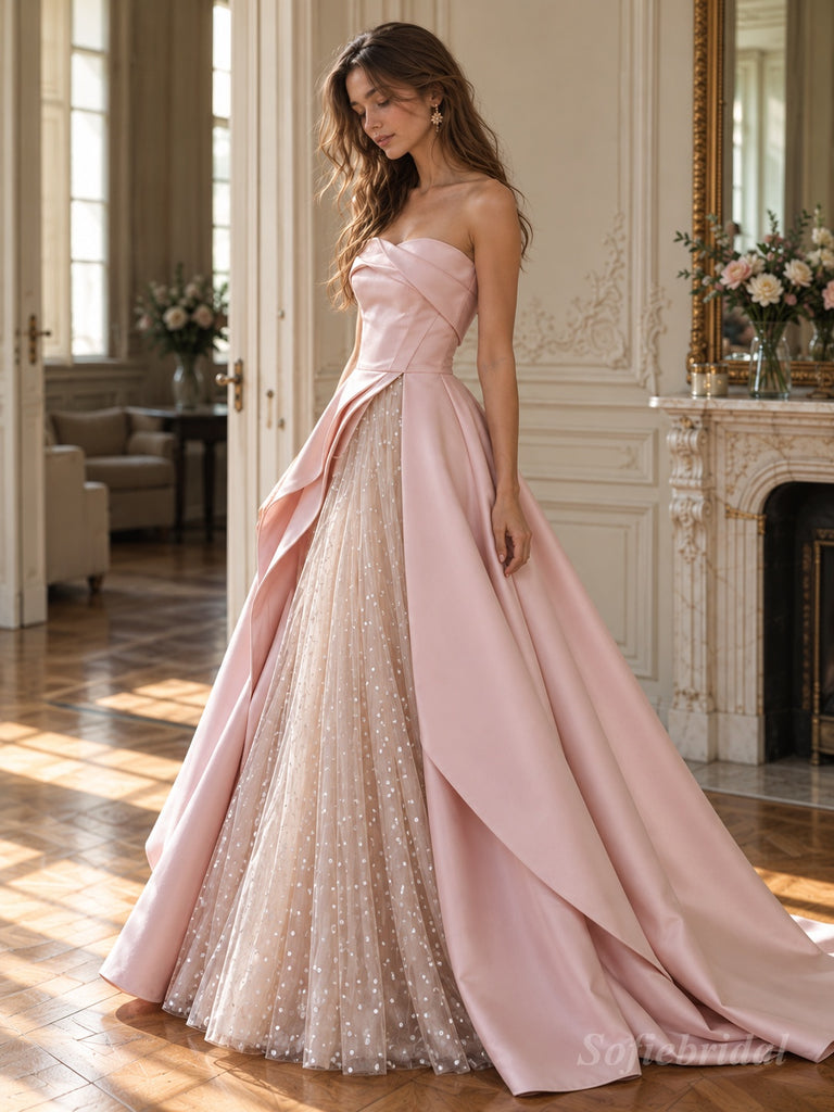 Blush Pink Satin Strapless Wrap Bodice A-Line Gown With Tulle Polka Dot Underlayer, PD13867