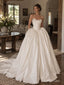 White Mikado Satin Strapless Sweetheart Lace Applique Ruched Bodice Ball Gown Floor Length Wedding Dress, SFWD0102