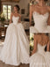 White Mikado Satin Strapless Sweetheart Lace Applique Ruched Bodice Ball Gown Floor Length Wedding Dress, SFWD0102