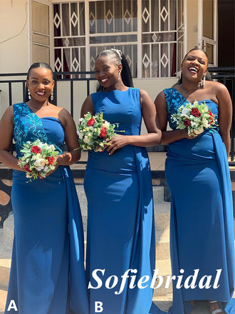 Sexy Mismatched Crepe Fabric Sleeveless Mermaid Floor Length Bridesmaid Dresses With Train, SFWG00598