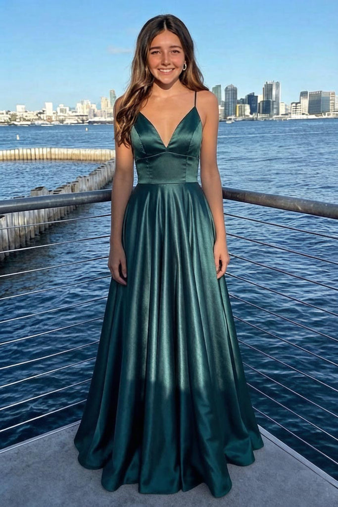 Sexy Dark Green Satin Halter V-Neck Sleeveless Lace Up Back A-Line Long Prom Dresses,SFPD0386