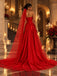 Red Luxe Satin Strapless Sweetheart Neck Prom Gown, Structured Boned Corset Bodice, Draped Mermaid Skirt With High Slit, Matching Beaded Tulle Long Cape,PD13861