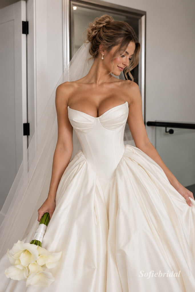 White Heavy Satin Sweetheart Corset Ball Gown Wedding Dress With Voluminous Skirt & Sweep Train,SFWD0112