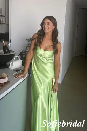 Sexy Soft Satin Spaghetti Straps Sleeveless Side Slit Mermaid Maxi Prom Dress, PD01144