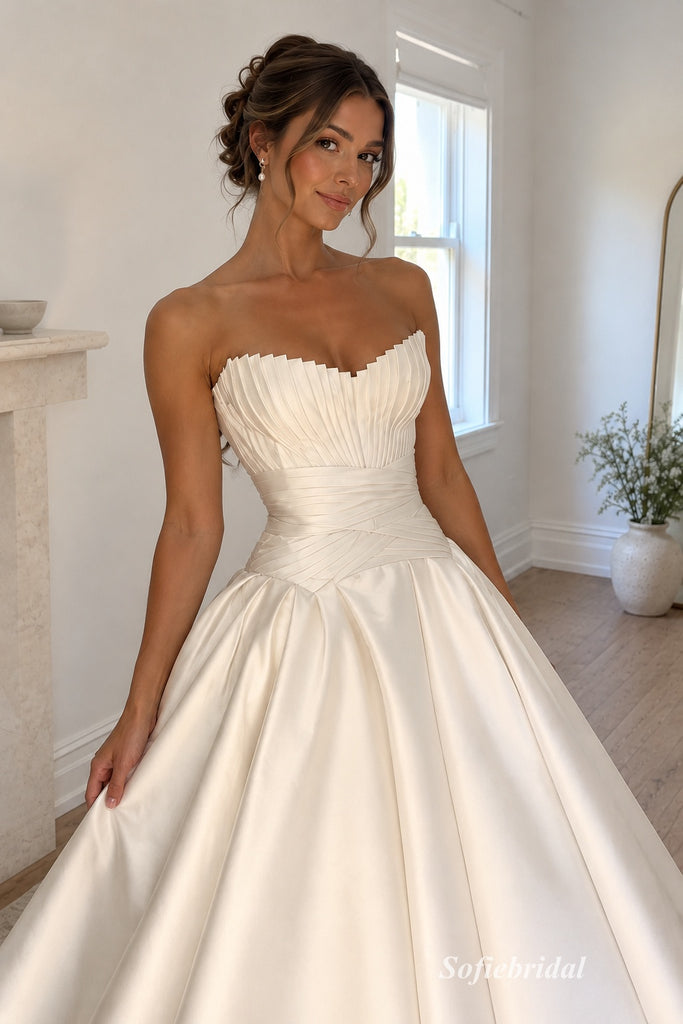 Ivory Satin Strapless Sweetheart Pleated & Draped Waist Structured Bodice Ball Gown Floor Length Wedding Dress, SFWD0105