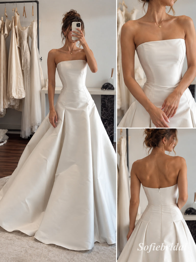 White Heavy Satin Strapless Ruched Bodice Ball Gown Wedding Dress With Dramatic Bow & Sweep Train,SFWD0115