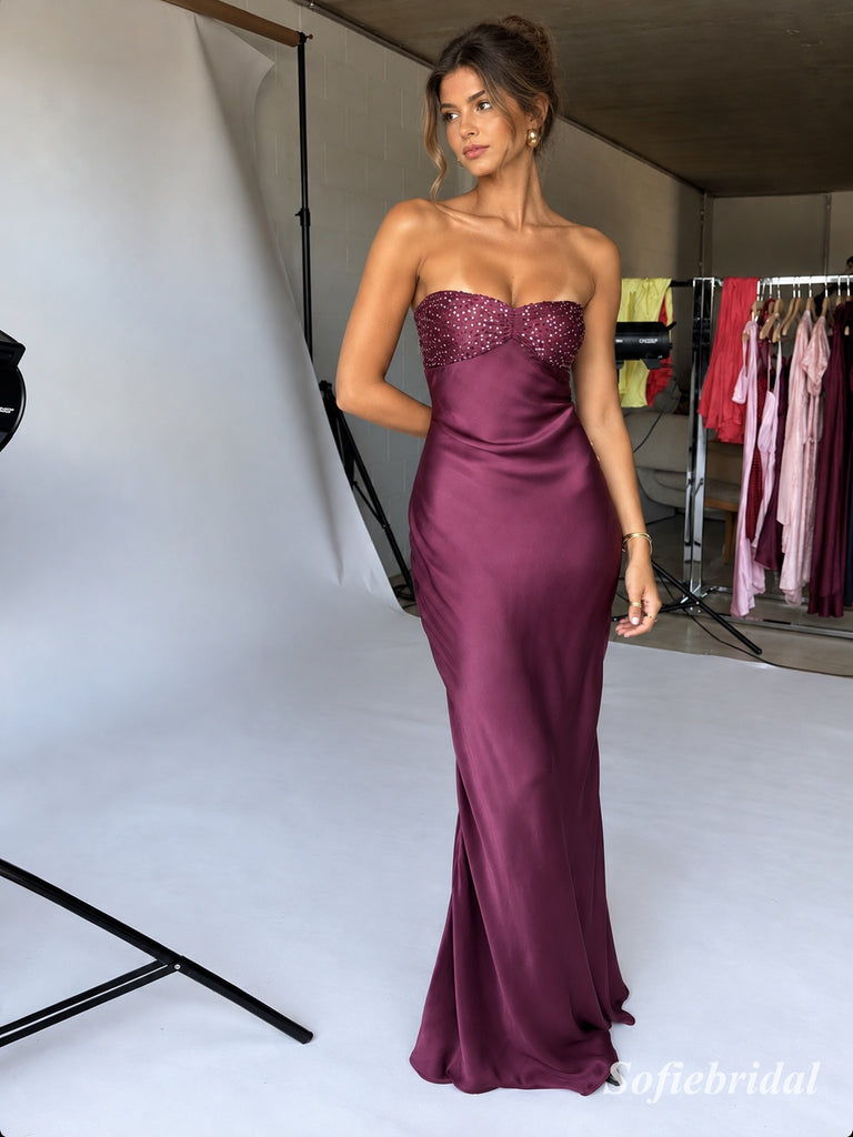 Deep Purple Strapless Beaded Satin Mermaid Dress, Sweetheart Floor Length Formal Gown,PD13900