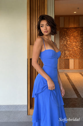 Cornflower Blue Chiffon Spaghetti Strap Sweetheart Maxi Gown With Fitted Bodice & Asymmetrical Tiered Ruffle Skirt, PD13879