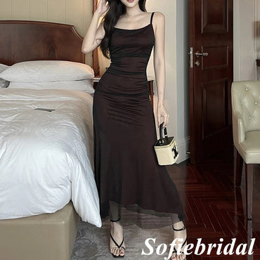 Sexy Chiffon Spaghetti Straps Sleeveless Mermaid Floor Length Prom Dress, PD01085