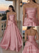 Dusty Pink Satin Strapless Beaded Bodice Ruffle A-Line Floor Length Evening Dress,PD13845