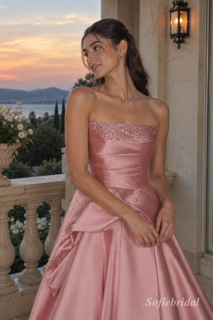 Dusty Pink Satin Strapless Beaded Bodice Ruffle A-Line Floor Length Evening Dress,PD13845
