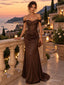 Brown Lace Off-the-Shoulder Sweetheart Corset Mermaid Satin Evening Dress, PD13865