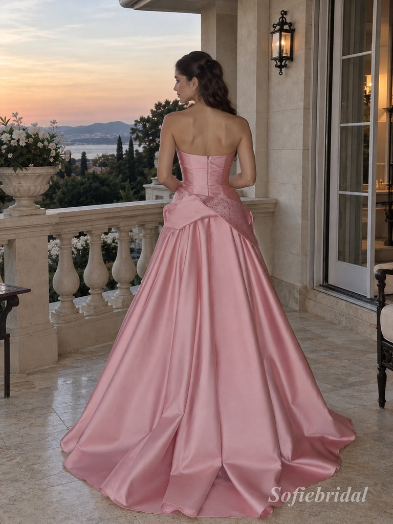 Dusty Pink Satin Strapless Beaded Bodice Ruffle A-Line Floor Length Evening Dress,PD13845