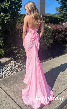 Sexy Pink Soft Satin Halter Sleeveless Mermaid Long Prom Dresses, PD01006