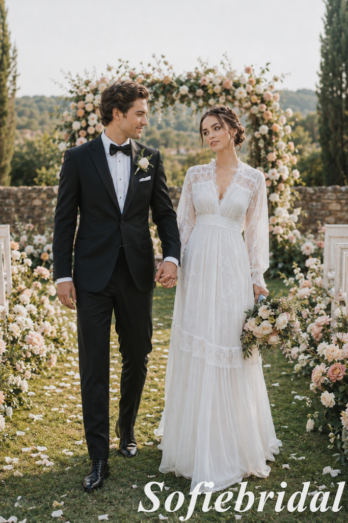 White Chiffon Lace Trim V-Neck Long Sleeve Wedding Dress, SFWD0090
