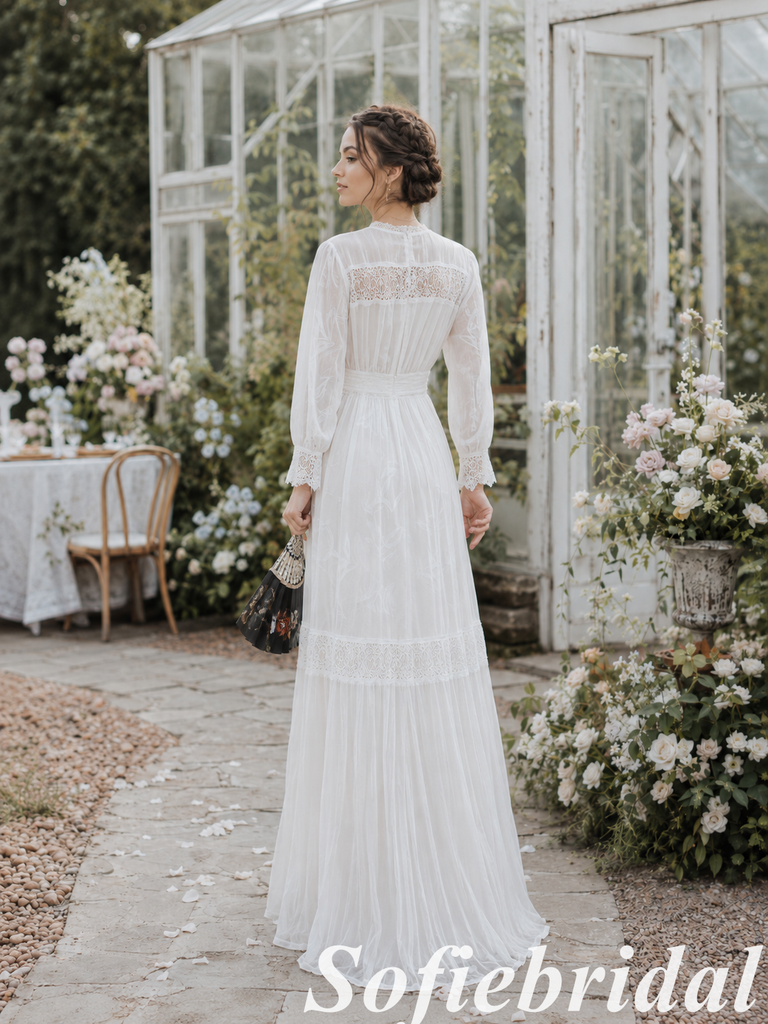 White Chiffon Lace Trim V-Neck Long Sleeve Wedding Dress, SFWD0090